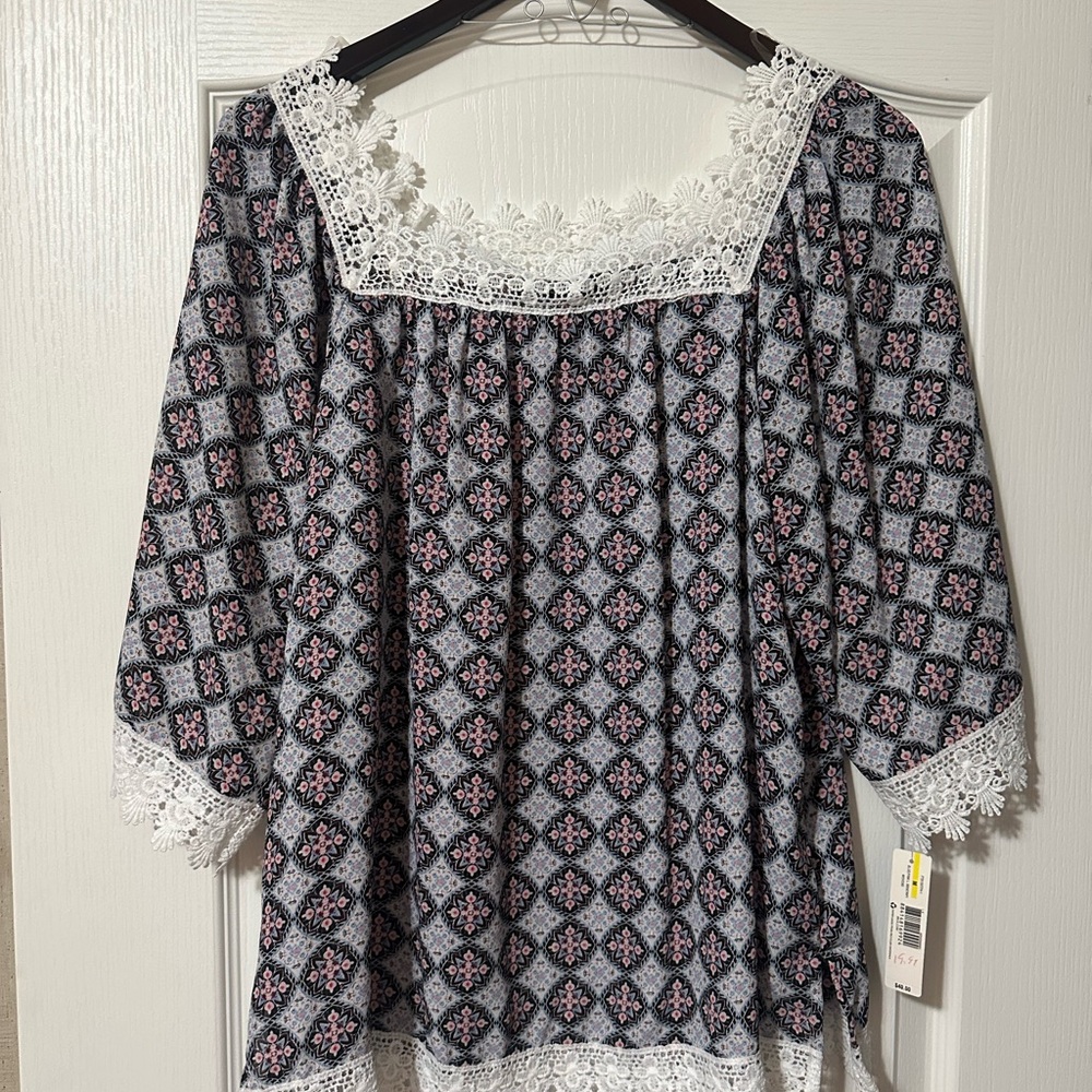 New Directions Navy and Pink Patterned Blouse with White Lace